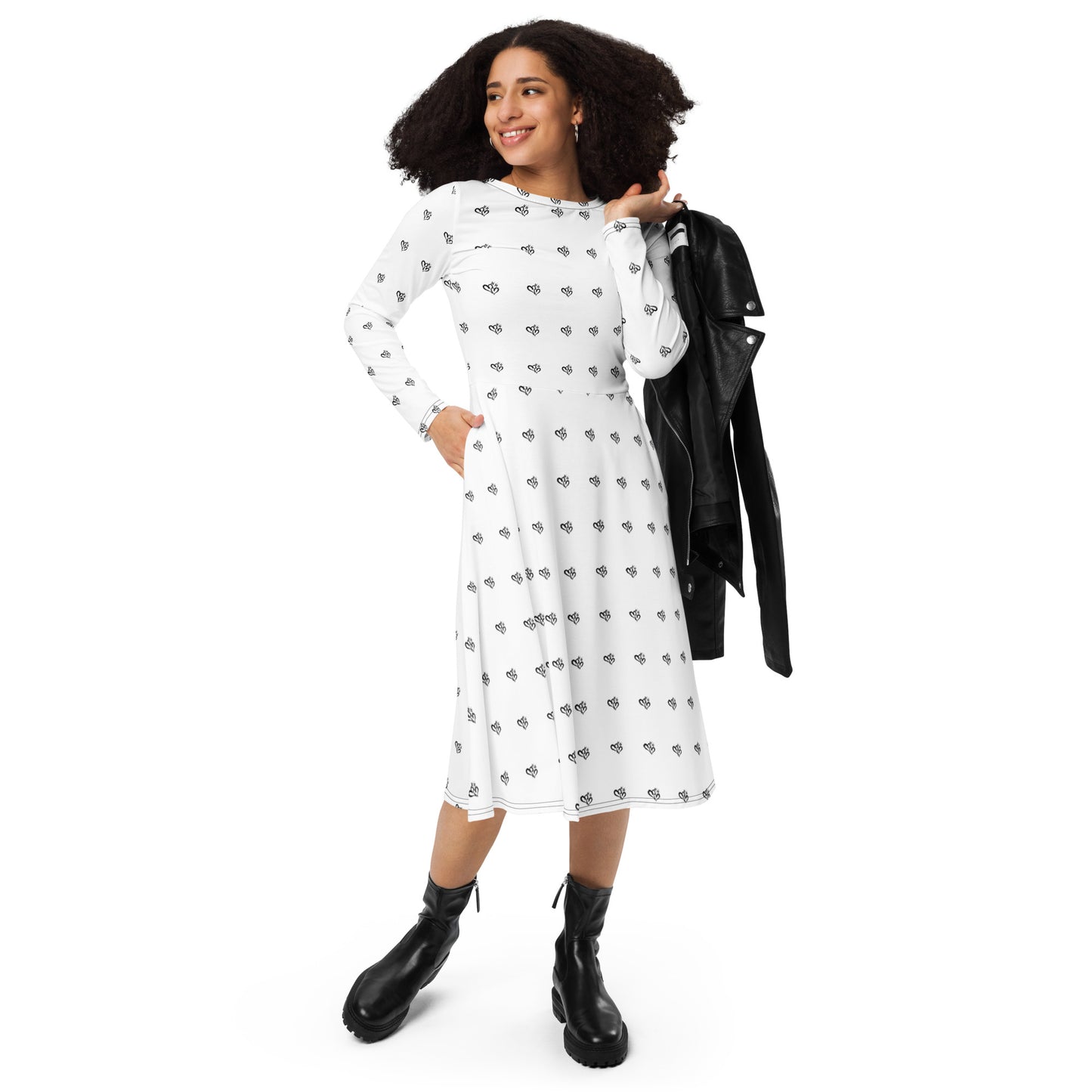 Double Hearted (Black/White) Long Sleeve Midi Dress