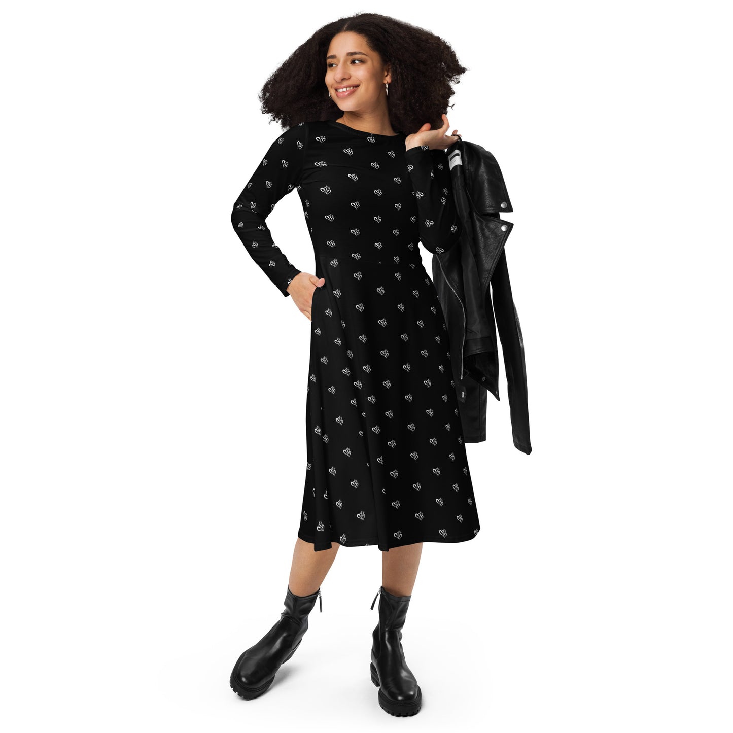 Black Long Sleeve Midi Dress with White Double Hearts