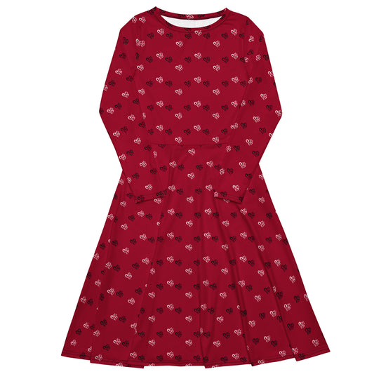 Red Long Sleeve Midi Dress with B&W Double Hearts