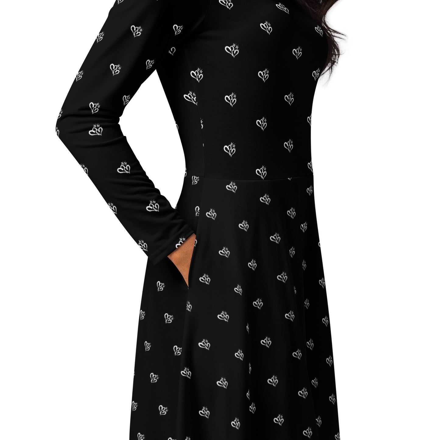 Black Long Sleeve Midi Dress with White Double Hearts