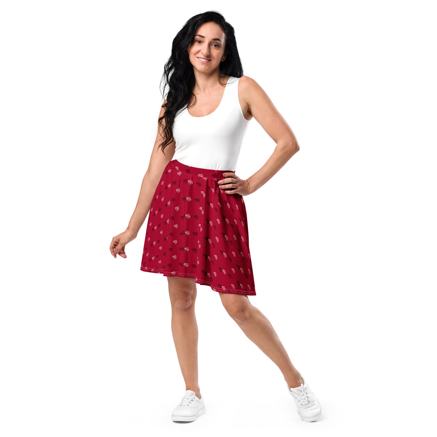 Red Skater Skirt w B&W Double Hearts