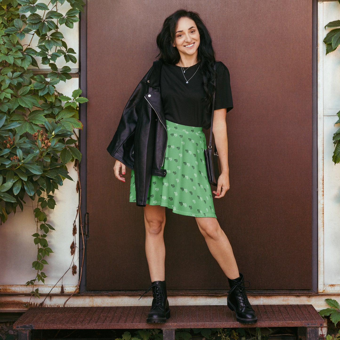 Green Skater Skirt w B&W Double Hearts