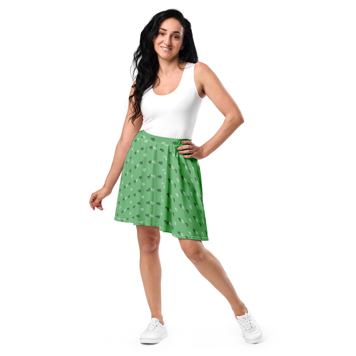 Green Skater Skirt w B&W Double Hearts