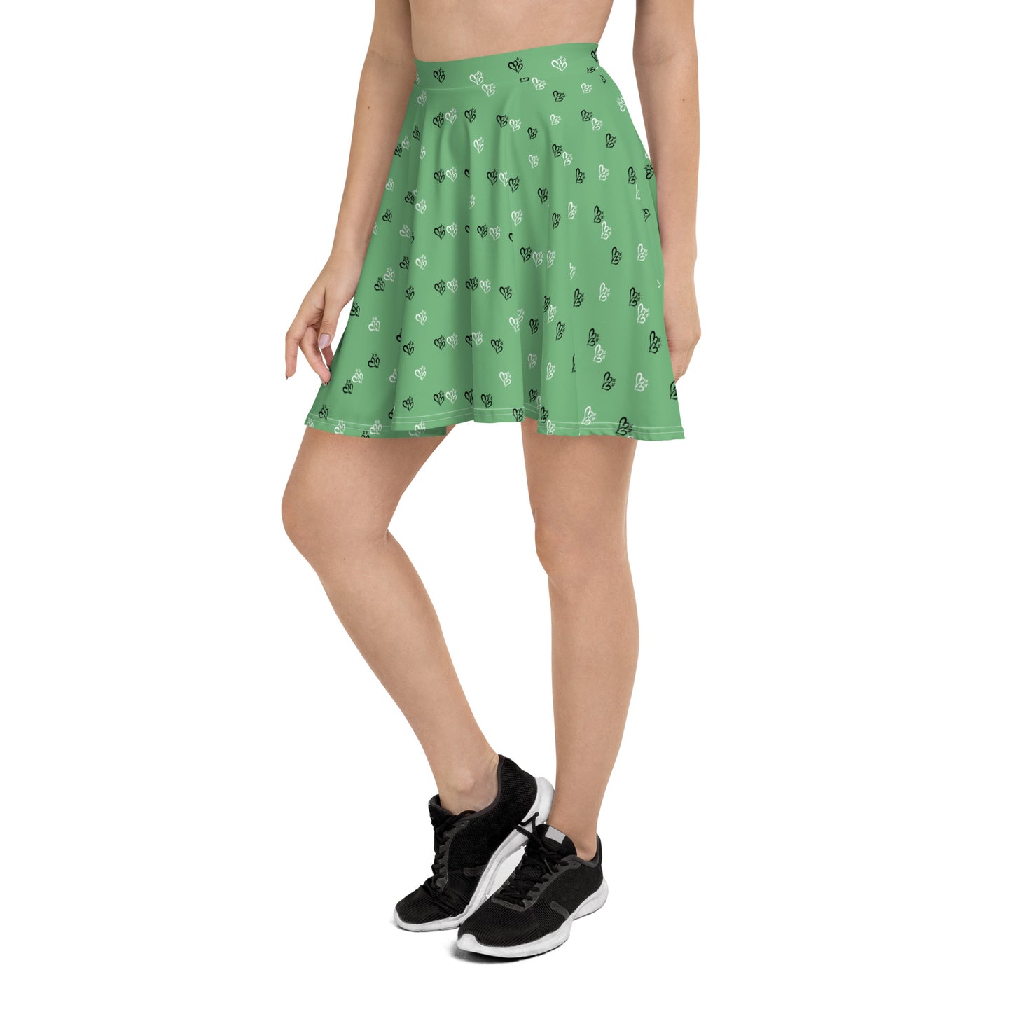 Green Skater Skirt w B&W Double Hearts